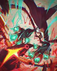 Rule 34 | 2boys, absurdres, alien, ben 10, ben 10: omniverse, black skin, chromatic aberration, colored skin, commentary, electricity, enagatori 38, energy, energy ball, english commentary, feedback (ben 10), fighting, glowing, green eyes, grin, highres, leotard, malver (ben 10), multiple boys, no humans, omnitrix, open mouth, signature, smile, solo, teeth, upside-down, weapon, white leotard