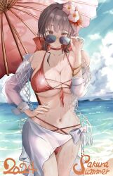 1girl 2024 absurdres adjusting_eyewear beach bikini breasts brown_hair cameltoe character_name cleavage commentary_request criss-cross_strings flower goddess_of_victory:_nikke highres large_breasts looking_over_eyewear navel net ocean official_alternate_costume oil-paper_umbrella pinjirooo red_bikini red_eyes red_flower sakura_(bloom_in_summer)_(nikke) sakura_(nikke) sarong solo sunglasses swimsuit umbrella white_sarong