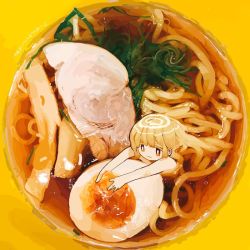 1girl :3 artist_request bird blonde_hair bowl chicken egg egg_(food) female_focus food hardboiled_egg noodles original outo_eguchi partially_submerged simple_background solo soup yellow_background
