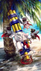 beach blue_sky cleaning cleaning_rag cloud colonel_olcott_(fate) commentary dappled_sunlight day dutch_angle fate/grand_order fate_(series) floating holding holding_brush holding_rag lasengle no_humans object_focus ocean official_art outdoors palm_tree sand scenery sky sunlight third-party_source tree water_gun