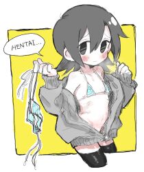 1girl bikini black_thighhighs blue_bikini blush closed_mouth commentary_request cookie_(touhou) cowboy_shot cropped_legs empty_eyes flat_chest frown grey_eyes grey_hair grey_sweater haburashi hair_between_eyes highres holding holding_swimsuit holding_unworn_clothes kofji_(cookie) looking_at_viewer pale_skin romaji_text short_hair solo striped_bikini striped_clothes sweater swimsuit thighhighs unworn_bikini_bottom unworn_swimsuit white_background yellow_background