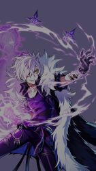 1boy add_(elsword) belt black_belt black_coat black_gloves black_jacket black_pants bracelet clenched_hand coat coat_on_shoulders collarbone collared_jacket cowboy_shot crazy_eyes crazy_smile crossed_bangs electricity electrokinesis elsword fighting_stance fur-trimmed_coat fur_trim gloves grey_background hair_between_eyes hair_over_one_eye highres hologram hwansang jacket jewelry keyring legs_apart magic male_focus messy_hair official_art open_clothes open_jacket open_mouth pants pectoral_cleavage pectorals purple_eyes purple_shirt robot second-party_source shirt short_hair short_sleeves simple_background sleeve_cuffs smile solo spiked_bracelet spikes standing white_hair wide-eyed