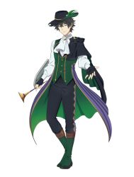 1boy arm_shield artist_request black_gloves black_hair black_hat black_pants boots closed_mouth commentary_request cosplay_request fingerless_gloves full_body gloves green_boots green_eyes green_vest hat hat_feather high_collar highres holding holding_instrument holding_trumpet instrument iwatani_naofumi long_sleeves looking_at_viewer male_focus messy official_art outstretched_arm pants shirt short_hair simple_background smile solo spanish_commentary standing tate_no_yuusha_no_nariagari third-party_source trumpet vest white_background white_shirt