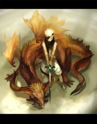 Rule 34 | 1boy, bad id, bad pixiv id, dragon, eyepatch, jimu kaji, kajimiya (kaji), letterboxed, male focus, monster, solo, sword, weapon, white hair