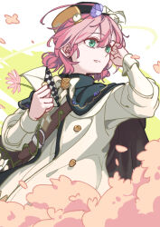 Rule 34 | 1girl, bag, black cape, black hat, brown bag, cape, coat, envelope, falling petals, flower, flutterpage, green eyes, hand on own head, hands up, hat, holding, holding envelope, holding flower, looking to the side, official alternate costume, parted lips, petals, pink flower, pink hair, reverse:1999, short twintails, shoulder bag, solo, twintails, upper body, white coat, yihan