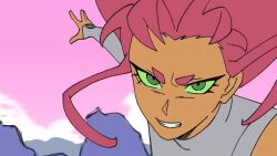 Rule 34 | 2girls, animated, black hair, blackfire, colored skin, dc comics, female focus, fighting, genniax, green eyes, long hair, mountain, multiple girls, orange skin, red hair, rock, siblings, sisters, sound, sound effects, starfire, tagme, teen titans, throwing, throwing person, video