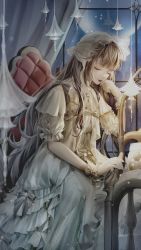 Rule 34 | 1girl, bare arms, black hair, chinese commentary, classic lolita, closed eyes, commentary request, cradle, curtains, dark, dress, earrings, gloves, hand on own cheek, hand on own face, highres, jewelry, lamp, lilith (shining nikki), lips, lipstick, lolita fashion, long hair, makeup, night, nikki (series), official art, seat, shining nikki, sitting, sleeping, smile, solo, veil, white gloves, white veil, window