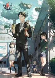 2boys abaddon_(sasaki_to_p-chan) animal animal_on_shoulder bird bird_on_shoulder black_hair black_socks blazer blonde_hair blue_eyes brown_eyes brown_hair bug can cloak closed_mouth cloud crown elsa_muller_(sasaki_to_p-chan) fly food formal_clothes full_body grey_necktie grey_suit hair_between_eyes holding holding_can holding_food hoshizaki_(sasaki_to_p-chan) insect jacket java_sparrow kantoku loafers long_hair long_sleeves looking_at_viewer multiple_boys multiple_girls necktie open_mouth otonari-san_(sasaki_to_p-chan) p-chan_(sasaki_to_p-chan) pleated_skirt ponytail sasaki_(sasaki_to_p-chan) sasaki_to_p-chan school school_uniform serafuku shoes short_hair sitting skirt sky smile socks standing suit