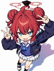 1girl ahoge arms_up black_jacket blue_archive blue_eyes blue_necktie blue_sweater_vest bright_pupils collared_shirt double_bun double_v from_above hair_bun halo highres jacket long_sleeves looking_at_viewer maki_(blue_archive) necktie open_clothes open_jacket open_mouth pleated_skirt red_hair red_halo shirt shoes simple_background skirt smile sneakers solo standing sweater_vest v white_background white_pupils white_shirt white_skirt yuuji_overall
