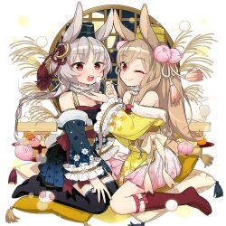 2girls animal_ears bamboo brown_hair cony_crescent crescent dango food full_moon grey_hair hat japanese_clothes laby_thebirth mini_hat moon multiple_girls off_shoulder orange_eyes rabbit_ears uchako uchi_no_hime-sama_ga_ichiban_kawaii wagashi window