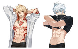 2boys abs absurdres adjusting_hair alternate_costume antenna_hair arm_tattoo arms_up bite_mark black_pants black_shirt blonde_hair blue_eyes braid chest_tattoo chinese_commentary clothes_lift collared_shirt commentary_request facial_tattoo gradient_hair hair_between_eyes hair_tie_in_mouth hands_up hickey highres honkai:_star_rail honkai_(series) jewelry male_focus medium_hair migan mouth_hold multicolored_hair multiple_boys mydei_(honkai:_star_rail) necklace open_clothes open_shirt pants phainon_(honkai:_star_rail) red_hair red_tattoo shirt shirt_lift short_hair side_braid simple_background tattoo toned toned_male turtleneck white_background white_hair white_shirt yellow_eyes