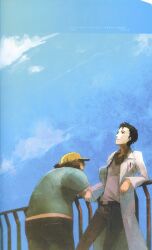 Rule 34 | 2boys, absurdres, adam&#039;s apple, against railing, beard stubble, belt, beret, black belt, black hair, blue pants, breast pocket, brown belt, brown pants, coat, collarbone, facial hair, fat, fat man, green shirt, green slippers, grey eyes, grin, hashida itaru, hat, highres, huke, lab coat, lapels, leather belt, long sleeves, messy hair, midriff, multiple boys, non-web source, notched lapels, object in pocket, official art, okabe rintarou, on rooftop, pants, parted lips, pen in pocket, pocket, railing, ringed eyes, scan, shirt, shirt partially tucked in, short sleeves, slippers, smile, square pupils, steins;gate, stubble, t-shirt, white coat, white shirt, yellow hat