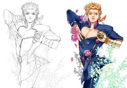1boy blonde_hair braid brooch bug chaashuu earrings flower giorno_giovanna giorno_giovanna&#039;s_pose_(jojo) gold_experience insect jewelry jojo_no_kimyou_na_bouken jojo_pose ladybug lineart male_focus partially_colored pectorals petals plant single_braid solo stand_(jojo) stud_earrings variations vento_aureo victory_rolls white_background yellow_eyes