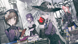1other 25-ji_nightcord_de._(project_sekai) 3girls absurdres ajirui akiyama_mizuki asahina_mafuyu beret black_gloves black_hat black_shirt black_shorts blue_eyes book brown_eyes brown_hair chandelier chinese_commentary commentary commentary_request cropped_jacket english_commentary flower food fruit gloves grey_hair hair_between_eyes hand_on_own_face hat highres holding holding_food holding_fruit holding_quill immiscible_discord_(project_sekai) juliet_sleeves long_hair long_sidelocks long_sleeves looking_at_viewer mixed-language_commentary multiple_girls official_alternate_costume pink_eyes pink_hair pleated_shirt ponytail project_sekai puffy_sleeves purple_eyes purple_hair purple_shirt quill shinonome_ena shirt short_hair shorts sidelocks white_flower yoisaki_kanade