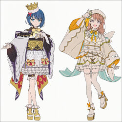 2girls :d adapted_costume arm_up beret blue_eyes blue_hair bow braid braided_bangs brown_bow brown_dress brown_hair brown_shoes closed_mouth crossed_legs crown dress frilled_dress frills ganbaru_anata_ni_break_time!_(project_sekai) gloves grey_background grey_dress grey_gloves grey_hat grey_thighhighs haikei_ano_koro_no_watashi_e_(project_sekai) hakusai_(tiahszld) hanasato_minori hat high_heels highres kiritani_haruka long_hair long_sleeves mini_crown multiple_girls open_mouth orange_bow project_sekai purple_eyes revision shoes short_hair simple_background sleeves_past_wrists smile standing standing_on_one_leg thighhighs tilted_headwear wide_sleeves