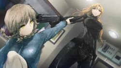 2girls aiming aiming_down aiming_up amane_suzuha belt bike_shorts black_belt blonde_hair blue_jacket blurry blurry_background bodysuit braid breasts dutch_angle expressionless floating_hair from_below frown future_gadget_lab game_cg gloves green_eyes gun hair_between_eyes hair_tie high_collar highres holding holding_gun holding_weapon huke indoors jacket jitome kiryuu_moeka large_breasts latex latex_bodysuit latex_gloves leather_belt long_hair long_sleeves medium_breasts multiple_girls no_eyewear non-web_source official_art on_one_knee pink_eyes ringed_eyes skin_tight square_pupils standing steins;gate track_jacket twin_braids twintails weapon zipper zipper_pull_tab