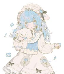 1girl animal animal_ears blue_eyes blue_flower blue_hair blush bonnet bow cowboy_shot dress flower frilled_bonnet frilled_dress frills hair_flower hair_ornament highres holding holding_animal long_hair long_sleeves memuro original puffy_sleeves sample_watermark watermark white_background white_dress