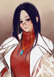 Rule 34 | 1girl, blue eyes, blue hair, breasts, cape, doctor, glasses, hand on own hip, justice gakuen, large breasts, long hair, looking at viewer, mature female, minazuki kyouko, reavernk, smile, solo