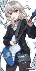 Rule 34 | 1girl, black choker, black pantyhose, black sweater, blue shorts, choker, commentary, electric guitar, girls band cry, grey eyes, grey hair, guitar, holding, holding guitar, holding instrument, instrument, kawaragi momoka, long hair, long sleeves, mouth hold, multicolored hair, pantyhose, pantyhose under shorts, plectrum, plectrum in mouth, roots (hair), shorts, simple background, solo, sweater, white background, yamabukiyuki