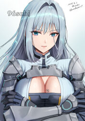 1girl arm_guards armor black_gloves blue_eyes breast_tattoo breasts cleavage cleavage_cutout closed_mouth clothing_cutout crossed_arms dated ethel_(xenoblade) gloves hair_intakes highres large_breasts looking_at_viewer neon_trim pauldrons shirt shoulder_armor simple_background smile solo tattoo upper_body vambraces white_background white_shirt xenoblade_chronicles_(series) xenoblade_chronicles_3 yamamori_kinako
