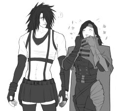 Rule 34 | 1boy, 1girl, ?, absurdres, bare shoulders, belt, black sports bra, black thighhighs, blush, cape, cloak, closed eyes, commentary, cosplay, costume switch, cowboy shot, elbow gloves, english commentary, final fantasy, final fantasy vii, final fantasy vii rebirth, final fantasy vii remake, gloves, greyscale, hair over one eye, headband, height difference, highres, long hair, looking at another, midriff, miniskirt, monochrome, multiple belts, open mouth, raisinbunn, simple background, single glove, skirt, spiked hair, spoken question mark, sports bra, suspender skirt, suspenders, tank top, thighhighs, tifa lockhart, tifa lockhart (cosplay), vincent valentine, vincent valentine (cosplay), white background, white tank top, zettai ryouiki
