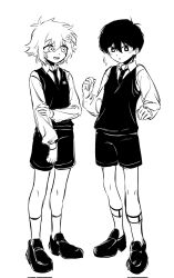 Rule 34 | 2boys, alternate costume, antenna hair, basil (faraway) (omori), basil (omori), bright pupils, closed mouth, collared shirt, corrupted twitter file, flower, greyscale, hair flower, hair ornament, highres, iomor snuuy, long sleeves, looking at another, male focus, monochrome, multiple boys, necktie, omori, open mouth, shirt, short hair, shorts, simple background, smile, socks, standing, sunny (omori)