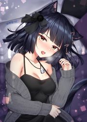1girl animal_ear_fluff animal_ears armpit_crease bare_shoulders black_bow black_dress black_hair blush bow breasts brown_eyes cat_ears cat_girl cat_tail cleavage collarbone commentary_request dress fangs female_focus grey_jacket hair_bow halter_dress halterneck hand_up highres jacket jewelry long_sleeves looking_at_viewer medium_breasts medium_hair necklace off_shoulder omoomomo open_clothes open_jacket open_mouth original sick signature sleeveless sleeveless_dress solo spaghetti_strap sweat tail tongue tongue_out
