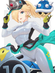1girl absurdres biker_clothes bikesuit blonde_hair blue_eyes blue_shell_(mario) bodysuit breasts closed_mouth clothes_around_waist crown crown_hat earrings gloves hair_over_one_eye hat highres holding jacket jacket_around_waist jewelry long_hair long_sleeves looking_at_viewer mario_(series) mario_kart mario_kart_world nintendo official_alternate_costume ponytail rosalina rosalina_(pro_racer) simple_background smile solo star_(symbol) star_earrings truejekart white_background