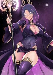 1girl black_dress breasts cleavage cosplay covered_navel dress fire_emblem fire_emblem_heroes glasses grin highres holding holding_staff ihsnet large_breasts loki_(fire_emblem) loki_(fire_emblem)_(cosplay) loki_(trickster_god)_(fire_emblem) night night_sky nintendo original pelvic_curtain purple_hair sky smile solo staff thick_thighs thighs