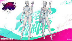 Rule 34 | 1girl, a.k.i. (street fighter), absurdres, artist request, ass, bandaged arm, bandaged leg, bandages, barefoot, character name, claw (weapon), claw ring, copyright name, fingernails, grey hair, highres, looking at viewer, official alternate costume, official alternate hairstyle, official art, pale skin, reference sheet, sharp fingernails, solo, street fighter, street fighter 6, toned, toned female, very long fingernails, weapon