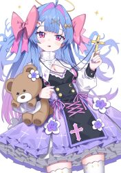 Rule 34 | 1girl, absurdres, blue hair, blush, bow, breasts, cleavage, cross, dress, gradient hair, hair bow, hair ornament, halo, highres, holding, holding cross, holding stuffed toy, long hair, long sleeves, looking at viewer, medium breasts, morumoru x, multicolored hair, open mouth, original, pink bow, puffy long sleeves, puffy sleeves, purple dress, purple eyes, purple hair, simple background, solo, stuffed animal, stuffed toy, teddy bear, thighhighs, white background, white thighhighs