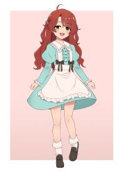 1girl ahoge apron black_ribbon blue_dress blush christina_greyrat commission dress flat_chest full_body hair_ornament highres long_hair looking_at_viewer mushoku_tensei open_mouth pixiv_commission red_hair ribbon smile solo standing standing_on_one_leg teeth tialimko upper_teeth_only waist_apron