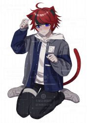 Rule 34 | 1boy, ahoge, animal ear fluff, animal ears, arm up, artist request, black hair, black pants, blue eyes, blue jacket, blush, cat boy, cat ears, cat tail, chinese commentary, closed mouth, commentary request, commission, drawstring, full body, grey jacket, grey shoes, hand up, highres, hood, hood down, hoodie, jacket, jacket over hoodie, kemonomimi mode, long sleeves, male focus, multicolored hair, multicolored jacket, open clothes, open jacket, pants, red hair, second-party source, shoes, short hair, sitting, sleeves past wrists, solo, streaked hair, sumino takumi, tail, the hundred line -last defense academy-, thigh strap, too many watermarks, two-tone hair, two-tone jacket, wariza, watermark, white background, white hoodie