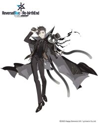 Rule 34 | 1boy, beckoning, belt chain, black cape, black eyes, black hair, black jacket, black necktie, black pants, black shoes, black vest, cape, chain, claw ring, copyright name, copyright notice, creature, creature on shoulder, curtained hair, domino mask, dress shoes, ear chain, earrings, grey shirt, grin, highres, holding, holding mask, jacket, jewelry, key, linked piercing, long sleeves, male focus, mask, multiple rings, mystical high collar, necktie, on shoulder, open clothes, open jacket, pants, pendant, reverseblue x re-birthend, ring, semi (p-poco), shirt, shoes, short hair, side part, simple background, single earring, smile, solo, standing, v-shaped eyebrows, vest, white background