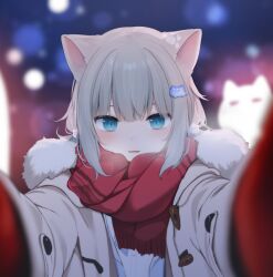 Rule 34 | 1girl, amashiro natsuki, animal ears, blue eyes, blurry, cat, cat ears, cat hair ornament, coat, depth of field, duffel coat, gloves, grey hair, hair ornament, indie virtual youtuber, meme, mittens, nachoneko, pov, pov cheek warming (meme), reaching, red gloves, red mittens, red scarf, scarf, snowing, solo, virtual youtuber, winter clothes, winter coat, winter gloves