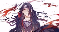 1boy akatsuki_uniform black_hair closed_mouth cris_axiomatic forehead_protector highres jewelry long_hair looking_at_viewer male_focus naruto_(series) naruto_shippuuden necklace red_eyes sharingan simple_background solo uchiha_itachi upper_body white_background