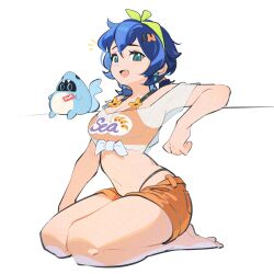 1girl absurdres bangboo_(zenless_zone_zero) barefoot bea_lenoir belle_(summer_skies)_(zenless_zone_zero) belle_(zenless_zone_zero) bikini blue_eyes blue_hair blush breasts cleavage crop_top earrings green_headband hair_ornament headband highres jewelry looking_at_viewer medium_breasts midriff navel official_alternate_costume open_mouth orange_bikini orange_shorts see-through_clothes seiza short_hair short_shorts shorts simple_background sitting smile solo strap string_bikini swimsuit zenless_zone_zero