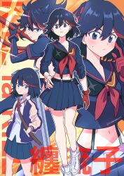 1girl absurdres artist_name black_eyes black_hair black_skirt character_name collarbone copyright_name gloves hands_in_pockets highres kill_la_kill looking_at_viewer matoi_ryuuko midriff multicolored_hair multiple_views neckerchief red_gloves red_hair red_neckerchief senketsu single_glove skirt streaked_hair suspender_skirt suspenders totemonemuuui two-tone_hair