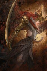 1girl amputee armor belt belt_buckle brown_belt buckle bug butterfly cape chest_belt closed_mouth commentary covered_eyes daeraeband dress elden_ring feet_out_of_frame floating floating_hair floating_object fur-trimmed_cape fur_trim gold_armor gold_helmet golden_sword grey_butterfly grey_dress helmet helmet_over_eyes highres holding holding_sword holding_weapon insect jewelry light_particles lips long_hair looking_at_object looking_down malenia_blade_of_miquella malenia_goddess_of_rot mechanical_arms multiple_rings needle object_floating_above_hand prosthesis prosthetic_arm red_butterfly red_cape red_hair ring scar scar_on_arm scar_on_leg single_mechanical_arm solo standing sword torn_clothes torn_dress visor_(armor) walking weapon winged_helmet wings