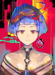 Rule 34 | 1girl, abstract background, ahoge, blue hair, commentary, commission, earrings, eeriesen3, english commentary, girls&#039; frontline, goggles, goggles on head, highres, jewelry, looking at viewer, open mouth, orange eyes, portrait, red background, short hair, single earring, solo, straight-on, white mouth, zas m21 (girls&#039; frontline)