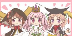 3girls :o adapted_costume bad_id bad_twitter_id black_cloak black_hat blush bow bowtie brown_hair chibi cloak closed_mouth cosplay crown dot_nose dress fur_trim gem hat hiiragi_nemu long_hair long_sleeves looking_at_viewer magia_record:_mahou_shoujo_madoka_magica_gaiden mahou_shoujo_madoka_magica multiple_girls pennen_nenemu pennen_nolde pink_eyes pink_hair purple_eyes red_bow red_bowtie reverse_(bluefencer) satomi_touka shitori_egumo_(madoka_magica) sidelocks smile tamaki_ui twintails witch_(madoka_magica)