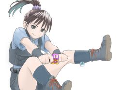 Rule 34 | 1girl, absurdres, brown hair, closed mouth, commentary request, ehrgeiz, full body, highres, kishibojin yoko, long hair, looking at viewer, meganihige, police, police uniform, policewoman, ponytail, shorts, simple background, smile, solo, white background