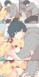 1boy 1girl ^_^ azumi_(myameco) black_hair blonde_hair closed_eyes closed_mouth commentary_request ereshkigal_(fate) fate/grand_order fate_(series) fujimaru_ritsuka_(male) hair_ribbon hetero hug long_hair lying on_side one-piece_swimsuit red_ribbon ribbon short_hair sleeping smile space_ereshkigal_(fate) space_ereshkigal_(first_ascension)_(fate) swimsuit