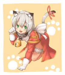 1girl :3 all_fours animal_ears bell blush cat_ears cat_girl cat_tail collar commentary_request dress full_body gloves green_eyes grey_hair grey_tail high_priest_(ragnarok_online) jingle_bell juliet_sleeves long_sleeves looking_at_viewer neck_bell open_mouth paw_pose paw_print paw_print_background puffy_sleeves ragnarok_online red_dress red_ribbon ribbon sajipen short_hair smile solo tail tail_ornament tail_ribbon two-tone_dress white_dress white_gloves
