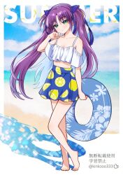 Rule 34 | 1girl, alternate costume, arm at side, bare shoulders, barefoot, beach, blue ribbon, blue skirt, blush, closed mouth, collarbone, commentary request, day, english text, floating hair, floral print, food print, fruit print, full body, green eyes, hair ribbon, hand up, high-waist skirt, highres, holding, holding swim ring, innertube, lace, lace-trimmed ribbon, lace trim, lemon print, little busters!, long hair, looking at viewer, ocean, off-shoulder shirt, off shoulder, outdoors, parted bangs, piyo (kinkooo333), purple hair, ribbon, sasasegawa sasami, shirt, short sleeves, sidelocks, signature, skirt, smile, solo, spaghetti strap, split mouth, standing, straight hair, summer, swim ring, tiptoes, toes, tsurime, twitter username, very long hair, white shirt