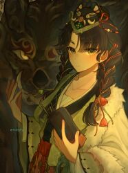 Rule 34 | 1girl, braid, cellphone, chinese clothes, green hanfu, hands up, hanfu, highres, holding, holding phone, indyskyi, liang yue (reverse:1999), long hair, looking at viewer, low twin braids, mask, mask on head, monster, phone, qiangliang (reverse:1999), reverse:1999, solo, twin braids, twitter username, upper body, yellow eyes