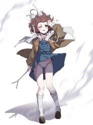 1girl ;o absurdres blue_eyes blue_skirt blue_vest bow brown_hair brown_jacket brown_shoes cape clothes_lift flutterpage full_body hair_bow hair_floating_upwards hand_on_own_head hand_up highres holding holding_rod jacket looking_up male_focus miniskirt one_eye_closed open_mouth panties pantyshot pleated_skirt reverse:1999 rod shadow shoes short_hair singwee skirt skirt_lift socks standing underwear vest white_background white_bow white_cape white_panties white_socks wind wind_lift