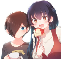 1boy 1girl absurdres black_hair black_shirt blue_eyes blush boku_no_kokoro_no_yabai_yatsu brown_eyes brown_hair closed_mouth commentary_request cup expressionless food fork hair_over_one_eye highres holding holding_cup holding_fork ichikawa_kyoutarou long_sleeves looking_at_viewer nyaa_(nnekoron) open_mouth shirt simple_background smile sweater teeth upper_body upper_teeth_only white_background yamada_anna