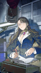 1girl absurdres ace_attorney black_jacket breasts brown_hair cleavage closed_mouth cup grey_eyes highres holding holding_cup holding_pen jacket jewelry large_breasts long_hair magatama magatama_necklace mia_fey mole mole_under_mouth necklace omurice_(304975636) open_clothes open_jacket pen phone smile solo_focus upper_body