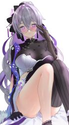 1girl absurdres arin_(1010_ssu) arm_support asymmetrical_gloves black_gloves black_thighhighs breasts bronya_zaychik bronya_zaychik_(heart_of_the_night) bronya_zaychik_(silverwing:_n-ex) closed_mouth commentary_request elbow_gloves feet_out_of_frame glasses gloves grey_hair hair_between_eyes hair_intakes hand_up highres honkai_(series) honkai_impact_3rd large_breasts long_hair looking_at_viewer mismatched_gloves pink-tinted_eyewear ponytail purple_eyes purple_hair round_eyewear short_shorts shorts simple_background single_thighhigh solo striped_clothes striped_thighhighs thighhighs tinted_eyewear vertical-striped_clothes vertical-striped_thighhighs very_long_hair white_background white_shorts